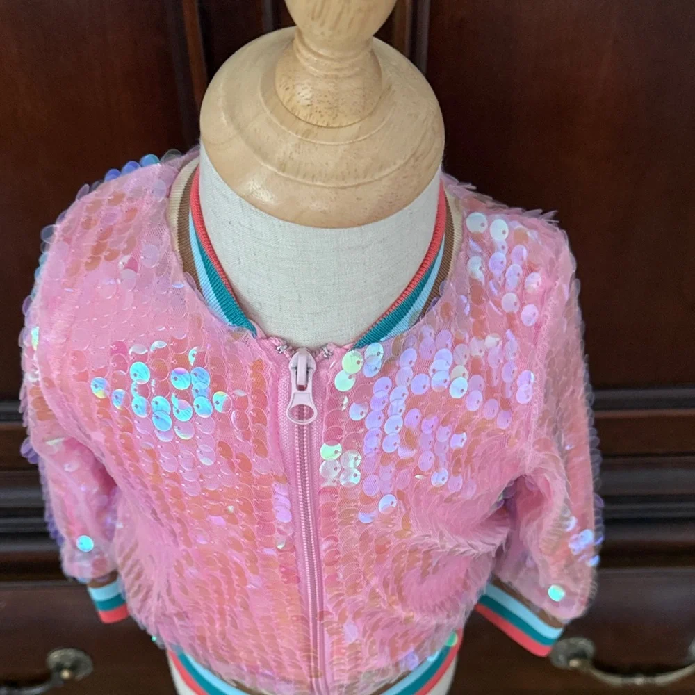Marie Nicole Pink Iridescent Sequin Bomber Jacket Girls Boutique Zip Front